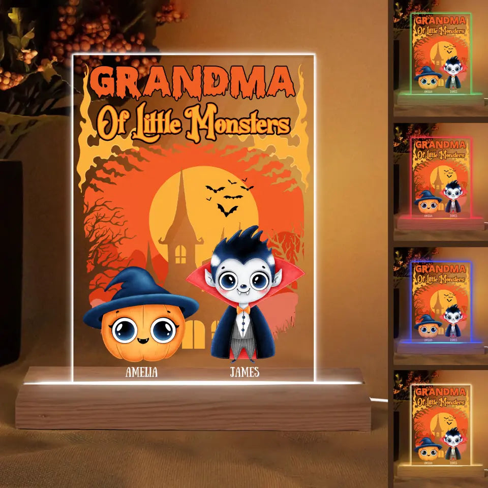 Personalized Custom 3D LED Light Wooden Base - Halloween Gift For Grandma, Mom - Grandma Of Little Monsters