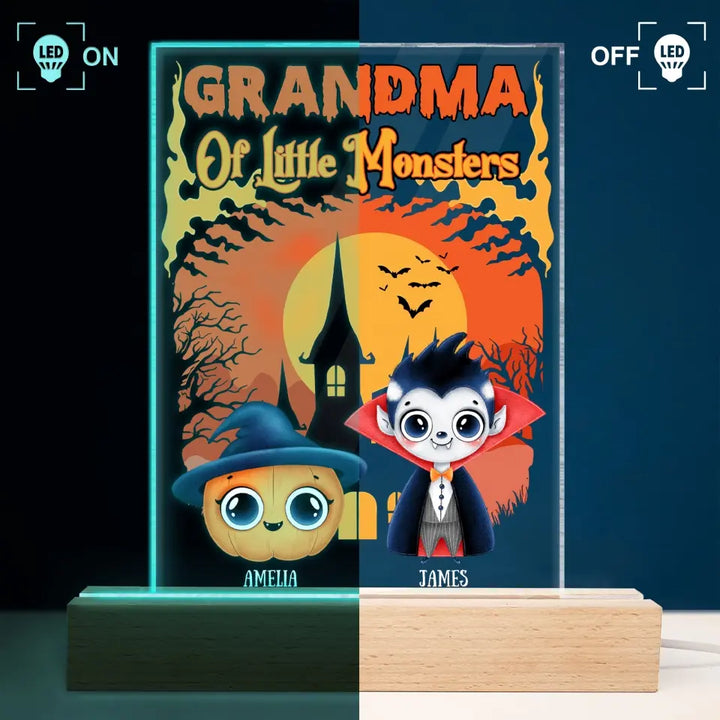 Personalized Custom 3D LED Light Wooden Base - Halloween Gift For Grandma, Mom - Grandma Of Little Monsters