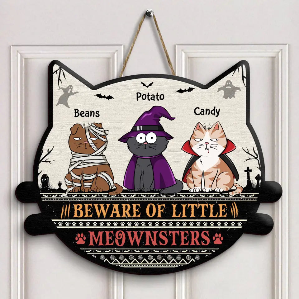 Personalized Custom Door Sign - Halloween Gift For Cat Lover, Cat Mom, Cat Dad, Cat Parents - Beware Of Little Meownsters