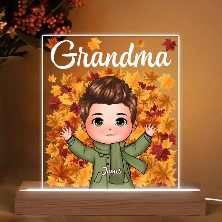 Personalized Custom 3D LED Light Wooden Base - Mother's Day Gift For Grandma- Kids Laying On Fall Leaves