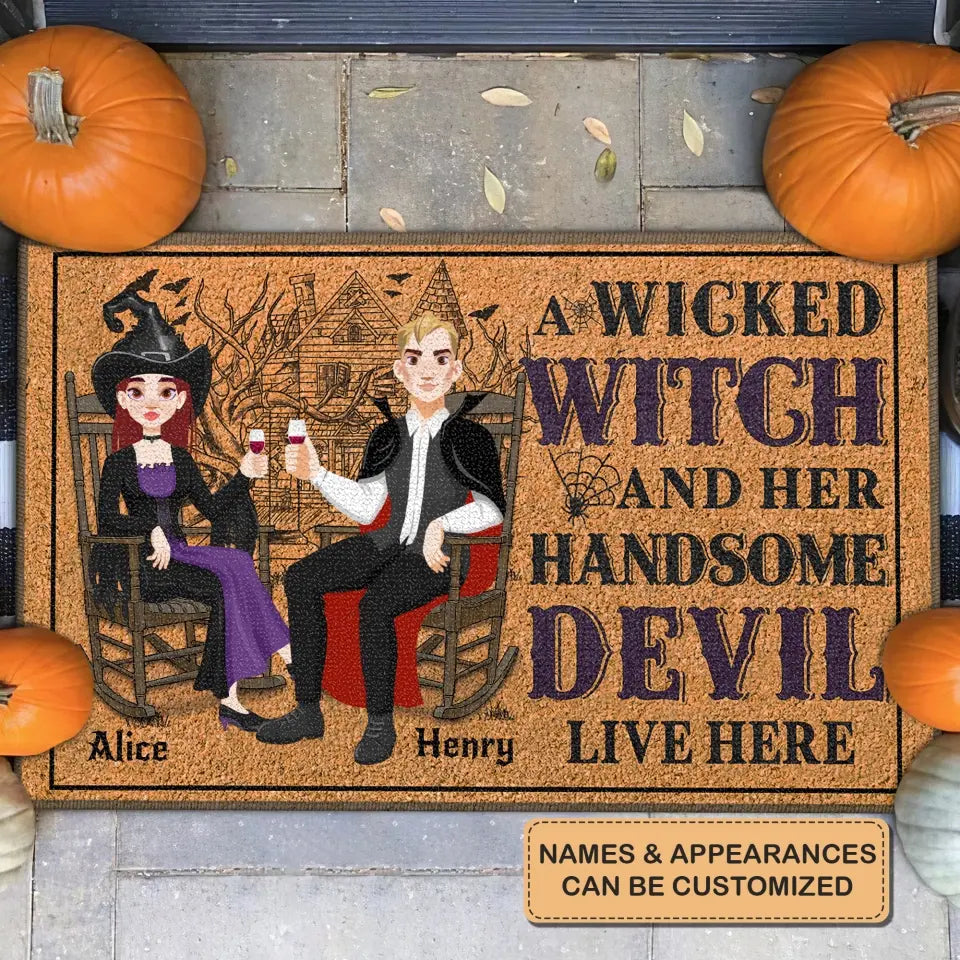 Personalized Custom Doormat - Halloween Gift For Couple, Family Members - A Wicked Witch And Her Handsome Devil Live Here