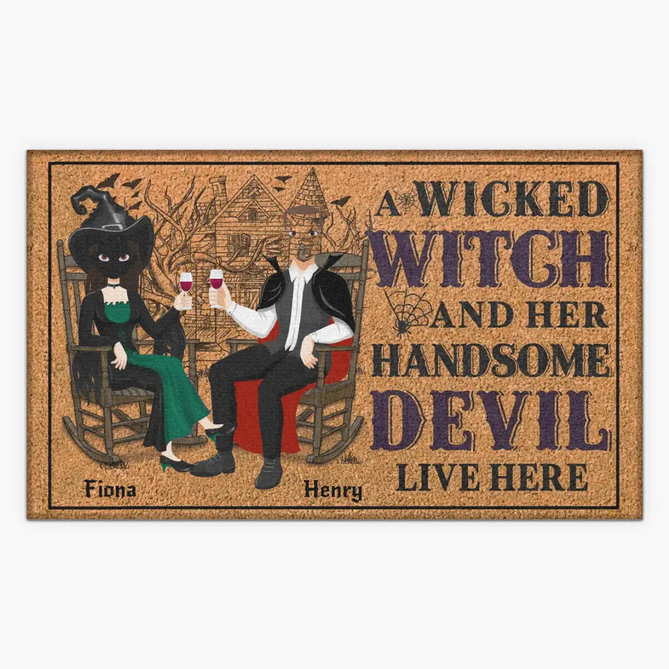 Personalized Custom Doormat - Halloween Gift For Couple, Family Members - A Wicked Witch And Her Handsome Devil Live Here