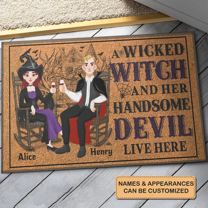 Personalized Custom Doormat - Halloween Gift For Couple, Family Members - A Wicked Witch And Her Handsome Devil Live Here