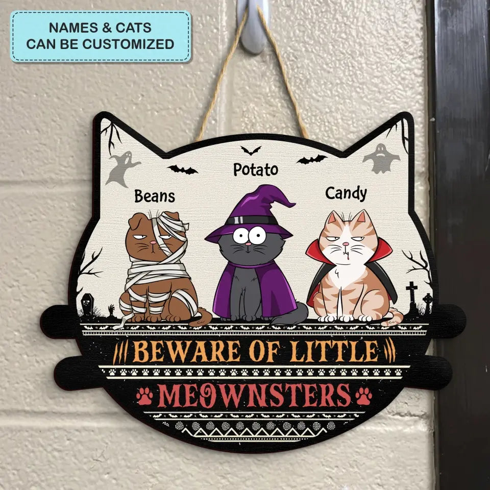 Personalized Custom Door Sign - Halloween Gift For Cat Lover, Cat Mom, Cat Dad, Cat Parents - Beware Of Little Meownsters