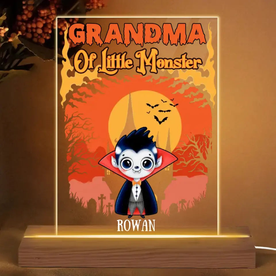 Personalized Custom 3D LED Light Wooden Base - Halloween Gift For Grandma, Mom - Grandma Of Little Monsters