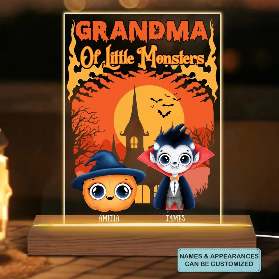 Personalized Custom 3D LED Light Wooden Base - Halloween Gift For Grandma, Mom - Grandma Of Little Monsters