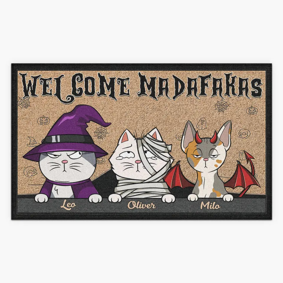 Personalized Custom Doormat - Halloween Gift For Cat Lover, Cat Mom, Cat Dad - Welcome Madafakas