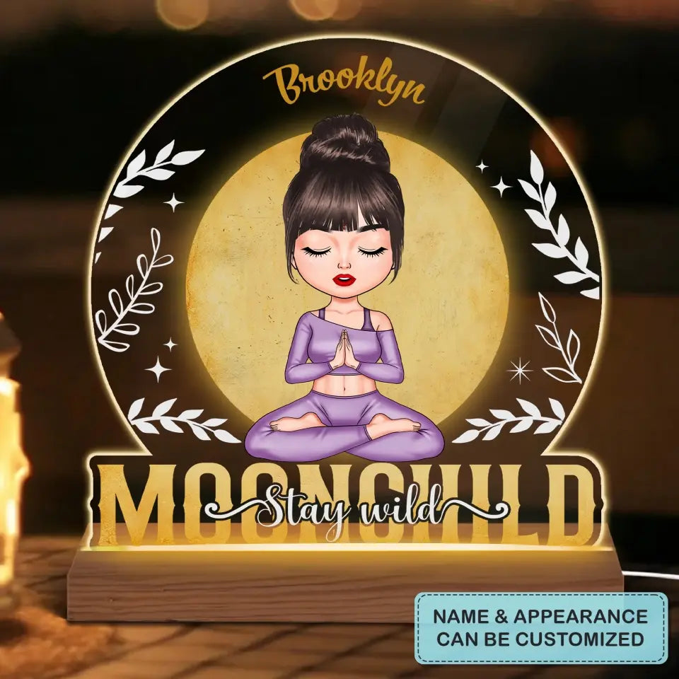 Personalized Custom 3D LED Light Wooden Base - Home Decor Gift For Yoga Lover - Moon Child