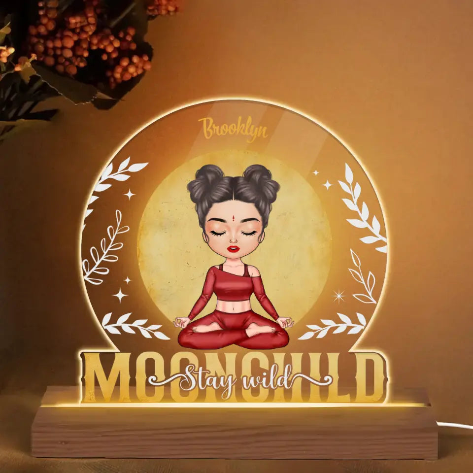 Personalized Custom 3D LED Light Wooden Base - Home Decor Gift For Yoga Lover - Moon Child