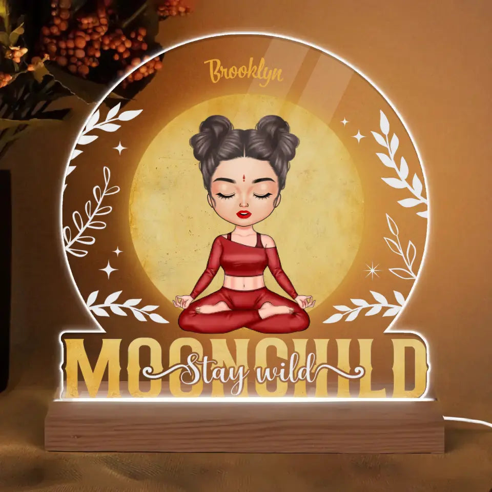 Personalized Custom 3D LED Light Wooden Base - Home Decor Gift For Yoga Lover - Moon Child