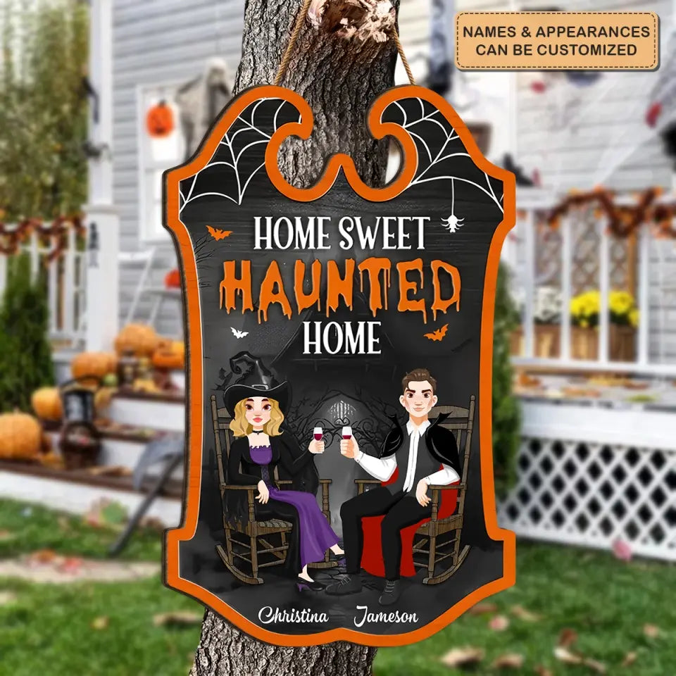 Home Sweet Haunted Home - Personalized Custom Door Sign - Halloween Gift For Couple, Husband, Wife