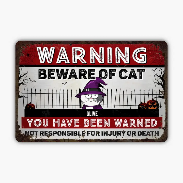 Warning Beware Of Cats - Personalized Custom Metal Sign - Halloween Gift For Cat Lover, Cat Dad, Cat Mom