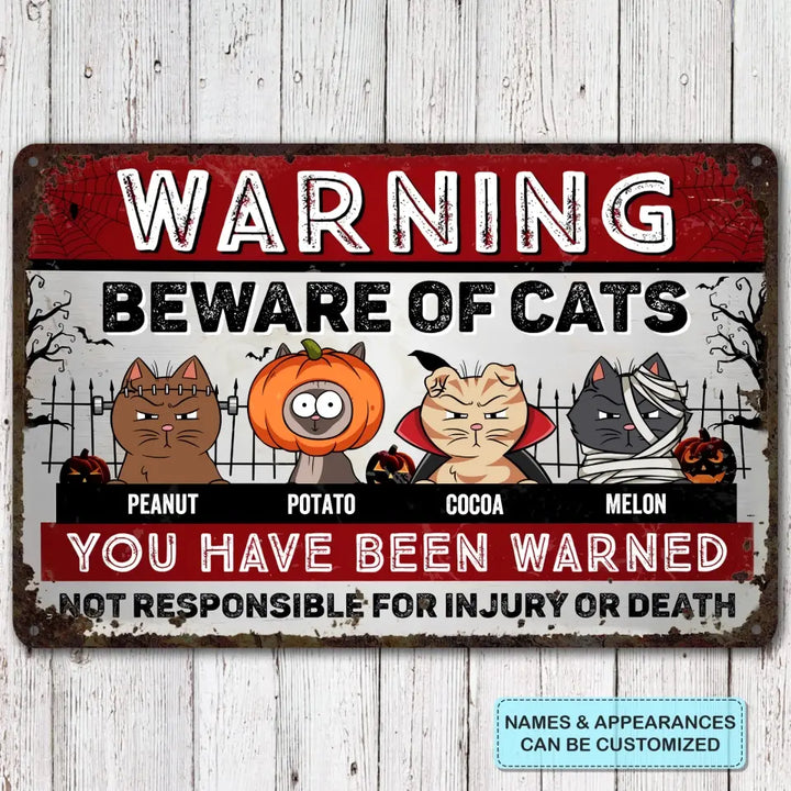 Warning Beware Of Cats - Personalized Custom Metal Sign - Halloween Gift For Cat Lover, Cat Dad, Cat Mom