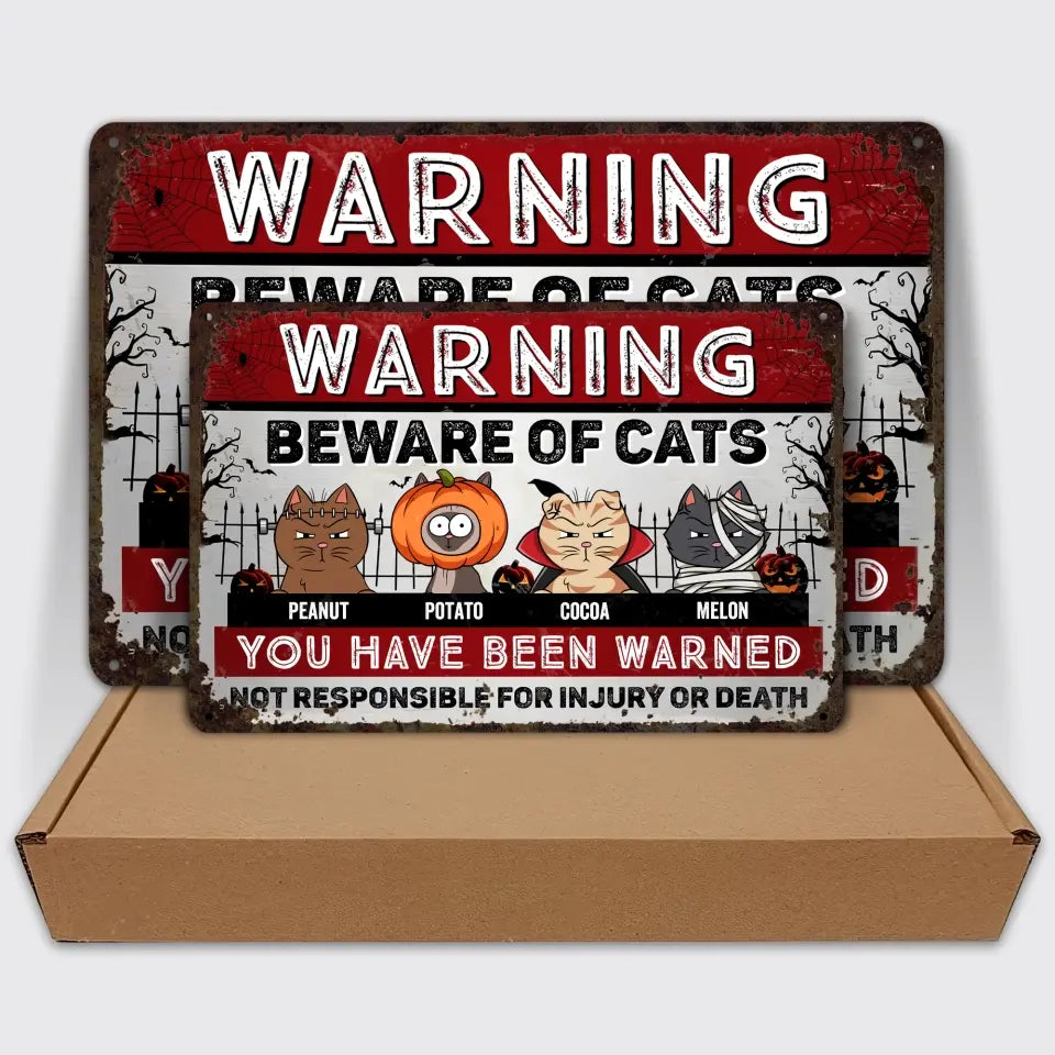Warning Beware Of Cats - Personalized Custom Metal Sign - Halloween Gift For Cat Lover, Cat Dad, Cat Mom