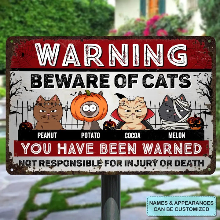 Warning Beware Of Cats - Personalized Custom Metal Sign - Halloween Gift For Cat Lover, Cat Dad, Cat Mom