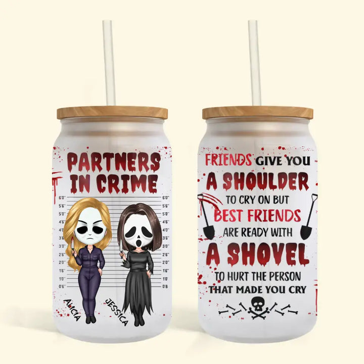 Partners In Crime - Personalized Custom Glass Can - Halloween Gift For Friends, Besties