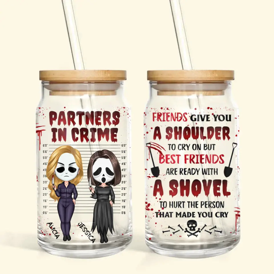 Partners In Crime - Personalized Custom Glass Can - Halloween Gift For Friends, Besties