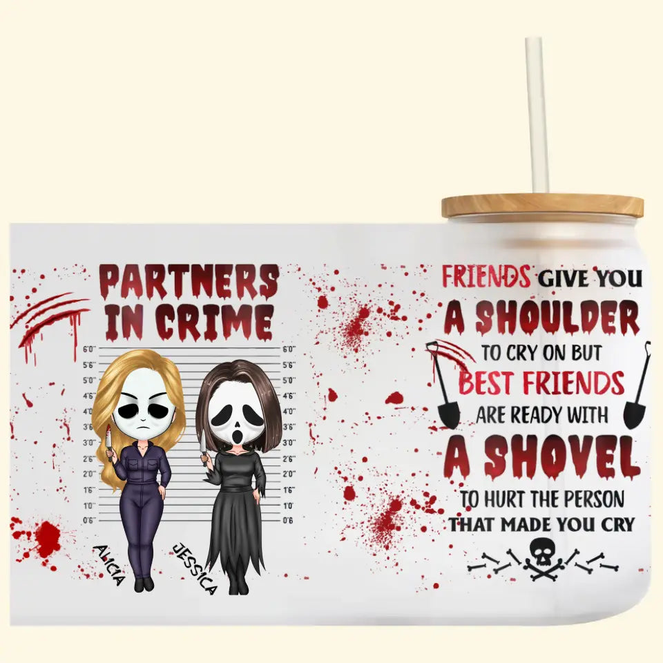 Partners In Crime - Personalized Custom Glass Can - Halloween Gift For Friends, Besties