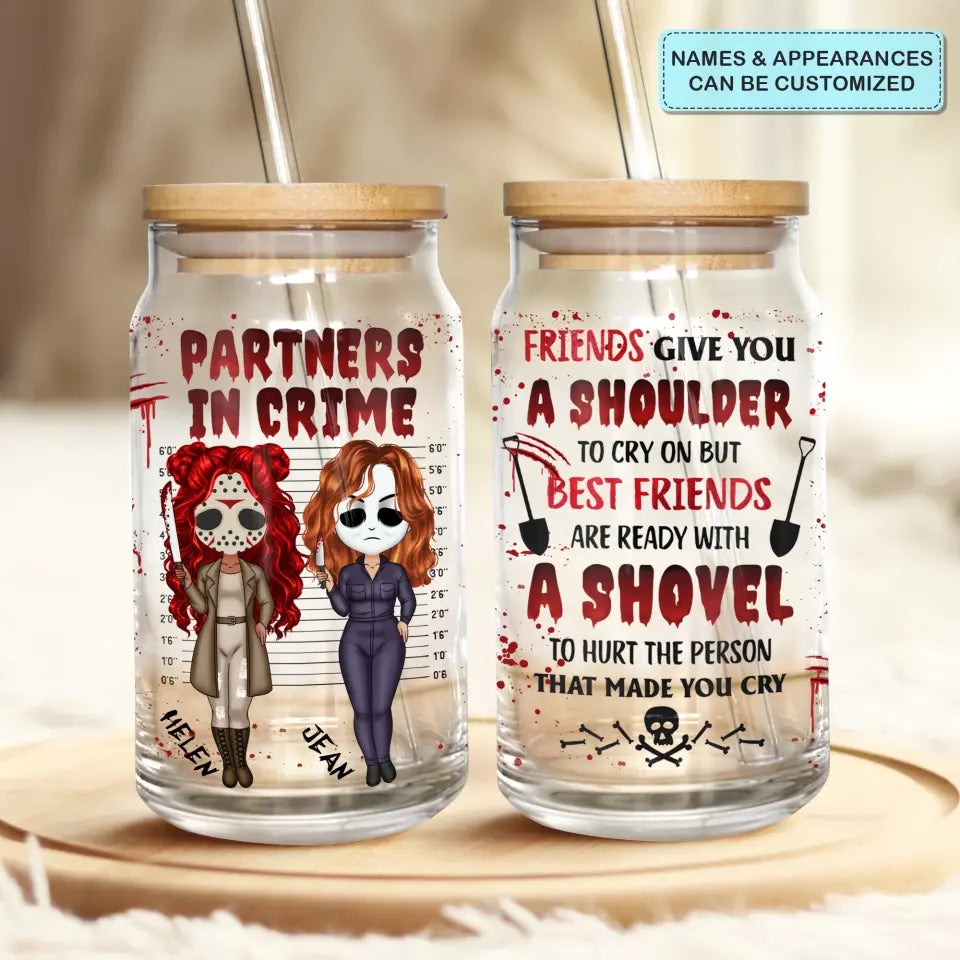 Partners In Crime - Personalized Custom Glass Can - Halloween Gift For Friends, Besties