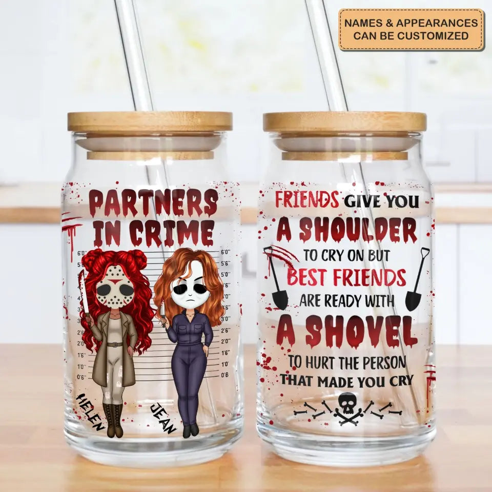 Partners In Crime - Personalized Custom Glass Can - Halloween Gift For Friends, Besties