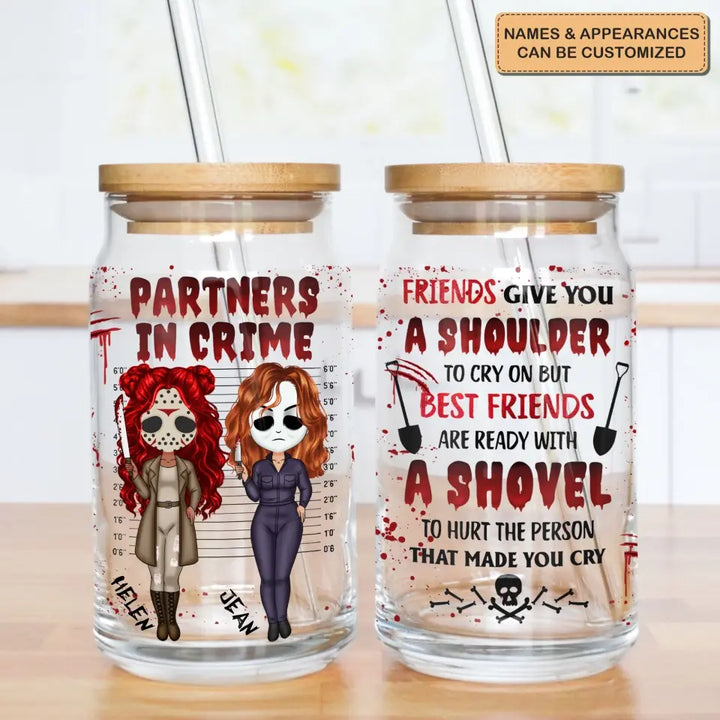 Partners In Crime - Personalized Custom Glass Can - Halloween Gift For Friends, Besties