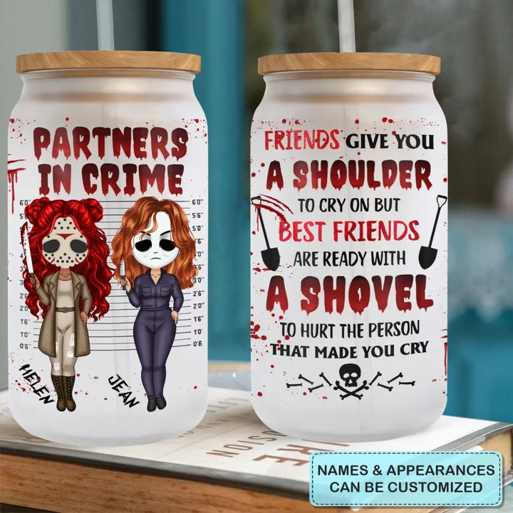 Partners In Crime - Personalized Custom Glass Can - Halloween Gift For Friends, Besties