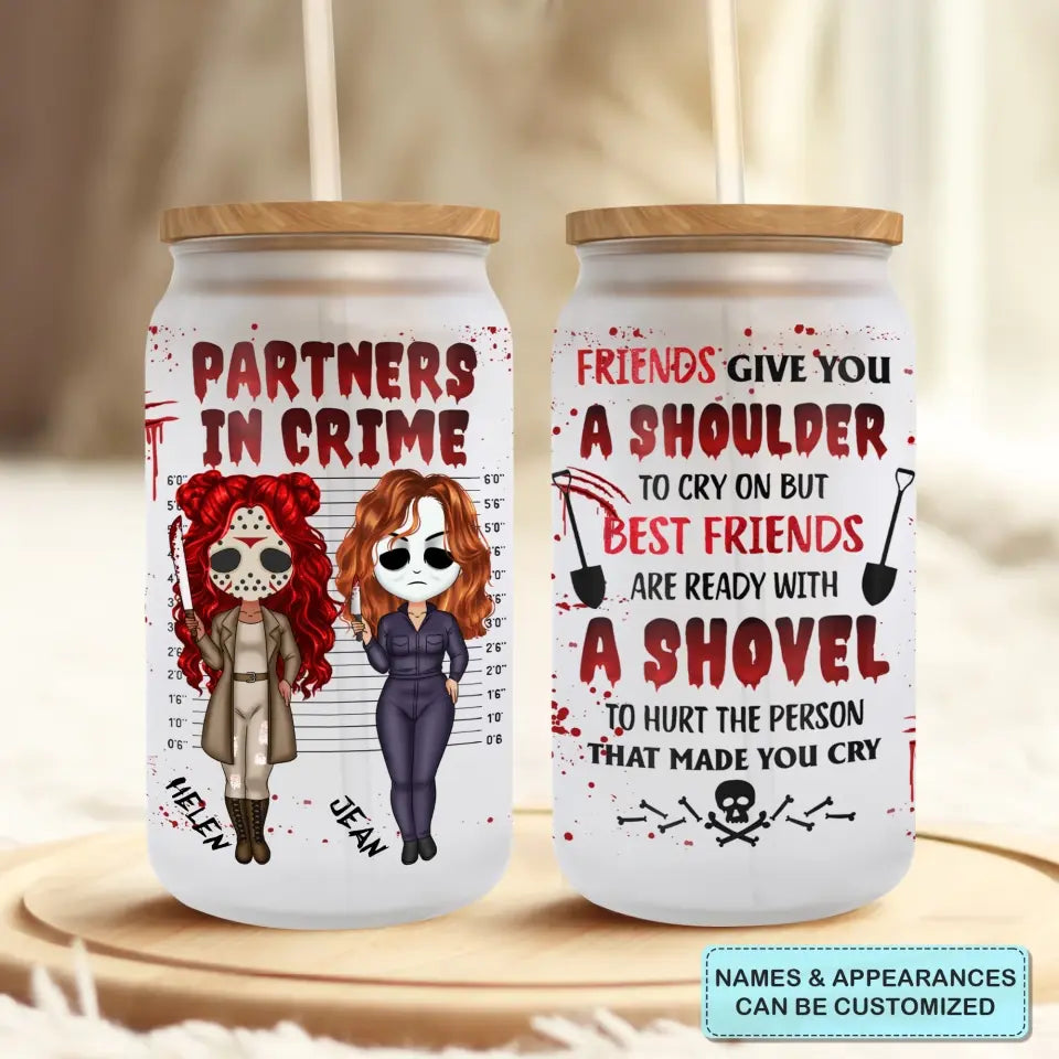 Partners In Crime - Personalized Custom Glass Can - Halloween Gift For Friends, Besties