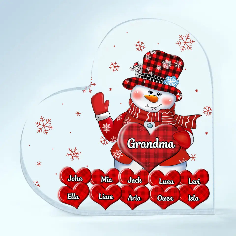 Grandma's Sweethearts Snowman Christmas - Personalized Custom Heart-shaped Acrylic Plaque - Christmas Gift For Grandma, Mom, Family Members