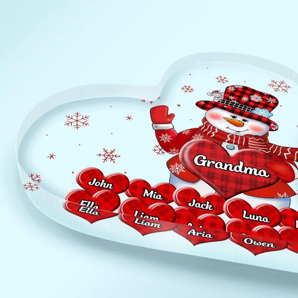 Grandma's Sweethearts Snowman Christmas - Personalized Custom Heart-shaped Acrylic Plaque - Christmas Gift For Grandma, Mom, Family Members