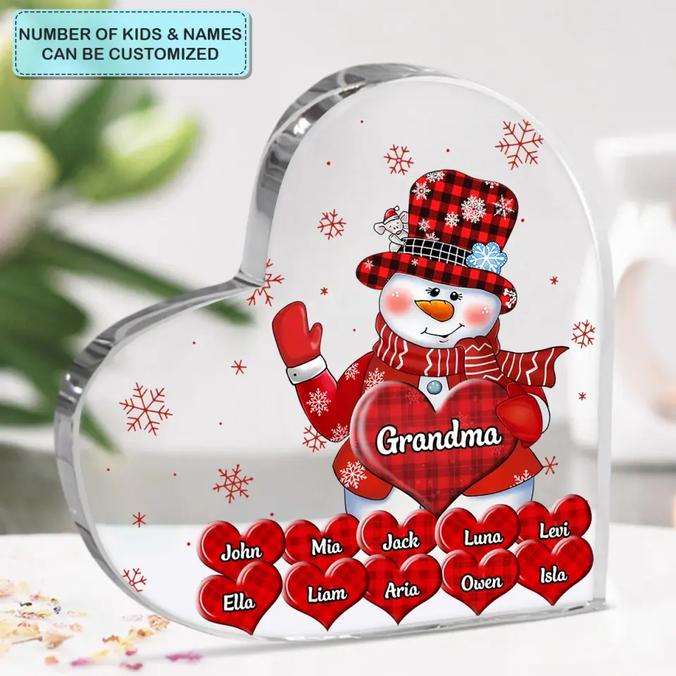Grandma's Sweethearts Snowman Christmas - Personalized Custom Heart-shaped Acrylic Plaque - Christmas Gift For Grandma, Mom, Family Members