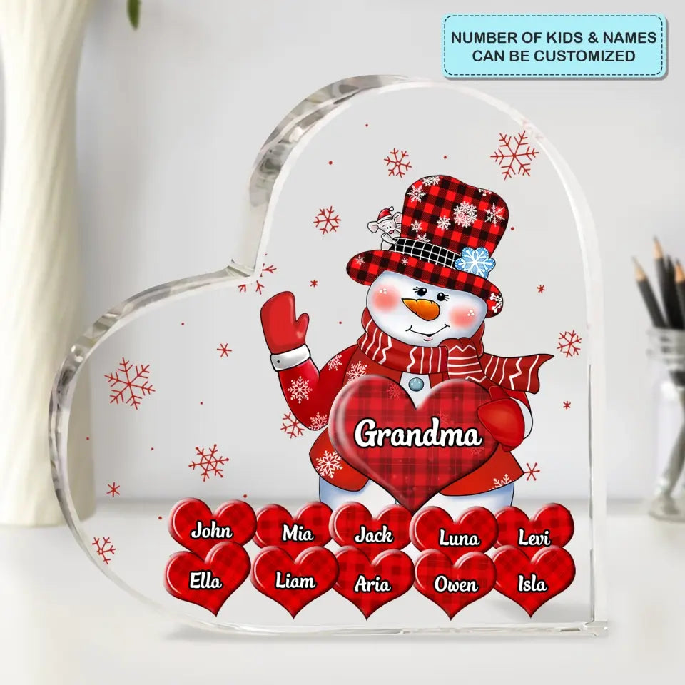 Grandma's Sweethearts Snowman Christmas - Personalized Custom Heart-shaped Acrylic Plaque - Christmas Gift For Grandma, Mom, Family Members