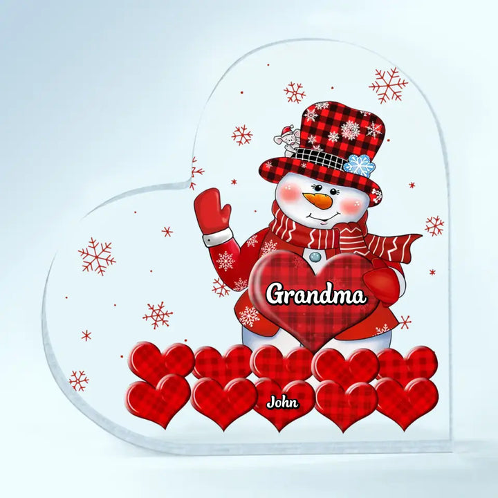 Grandma's Sweethearts Snowman Christmas - Personalized Custom Heart-shaped Acrylic Plaque - Christmas Gift For Grandma, Mom, Family Members