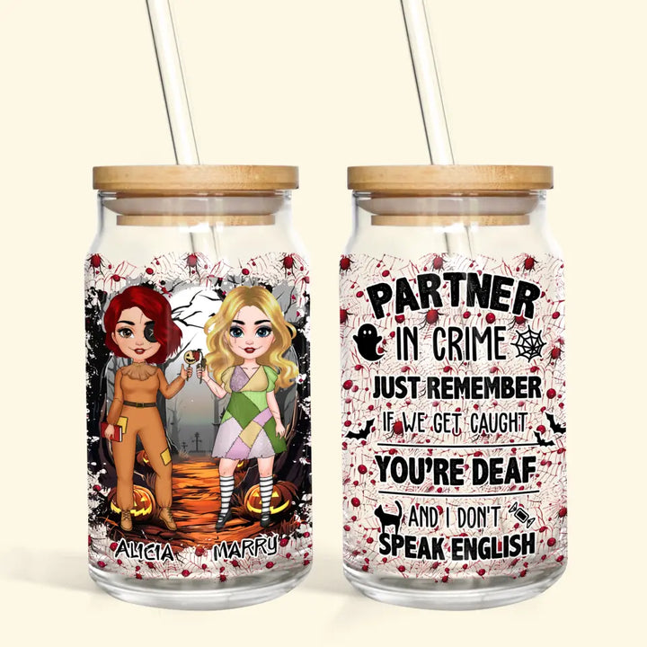 Partners In Crime - Personalized Custom Glass Can - Halloween Gift For Friends, Besties