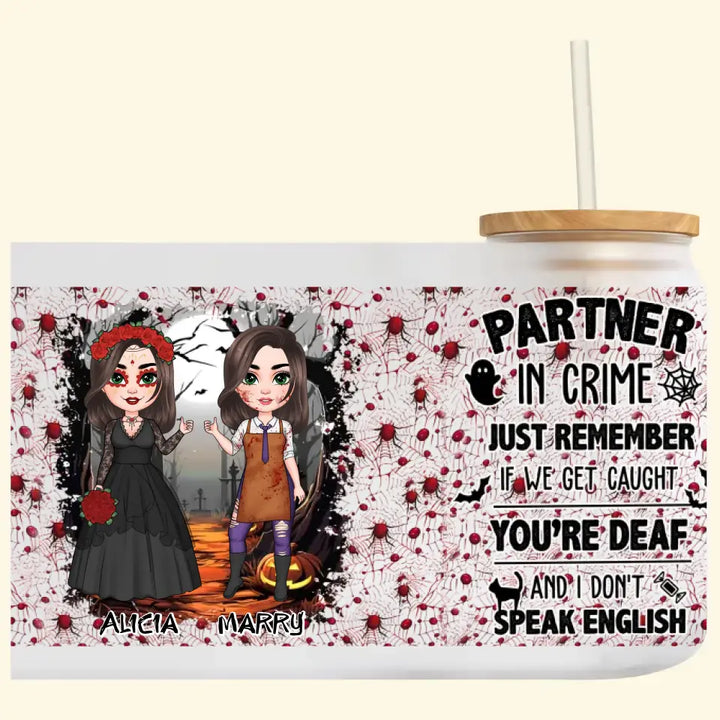 Partners In Crime - Personalized Custom Glass Can - Halloween Gift For Friends, Besties