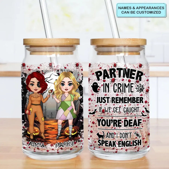 Partners In Crime - Personalized Custom Glass Can - Halloween Gift For Friends, Besties