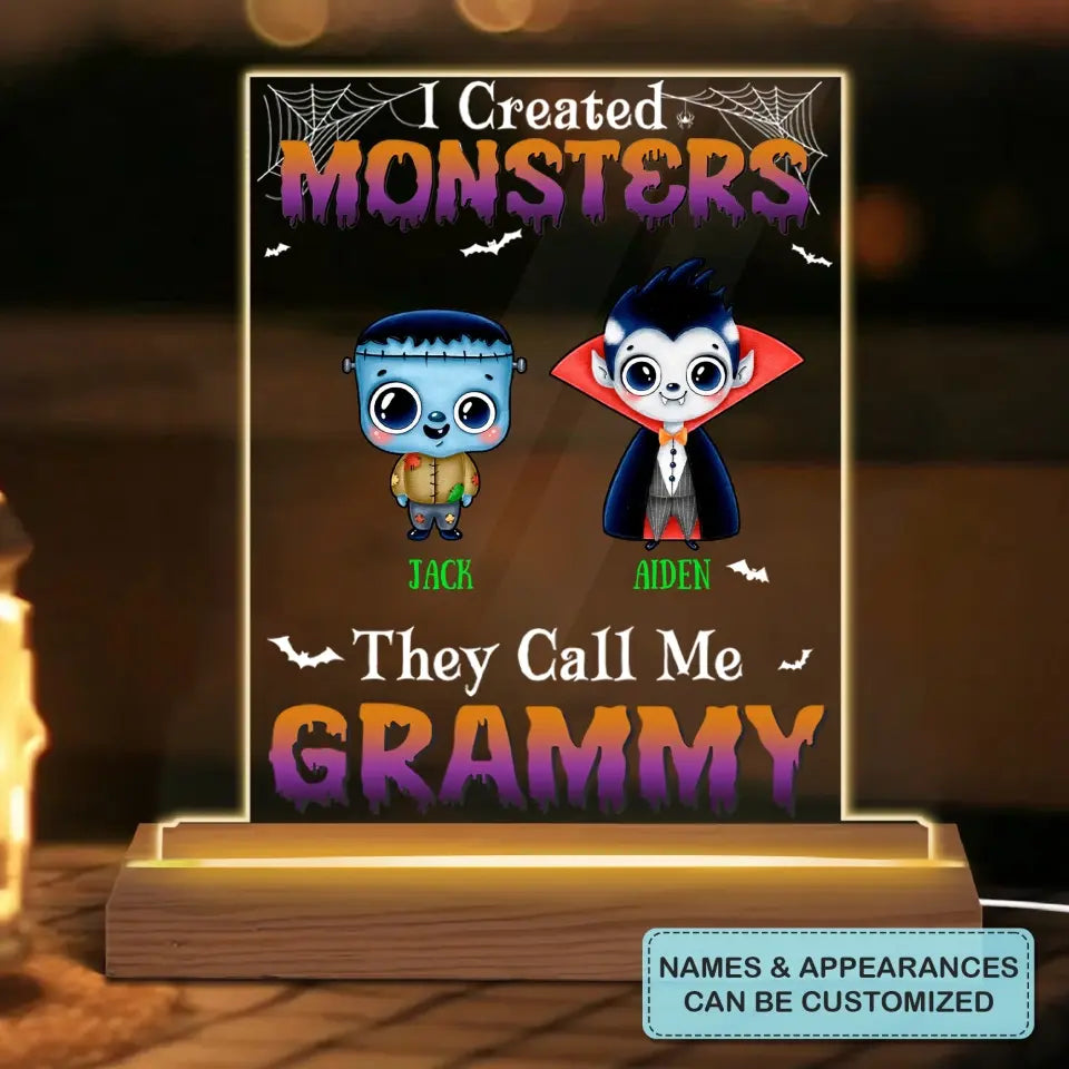 I Created Monsters - Personalized Custom 3D LED Light Wooden Base - Halloween Gift For Grandma, Mom