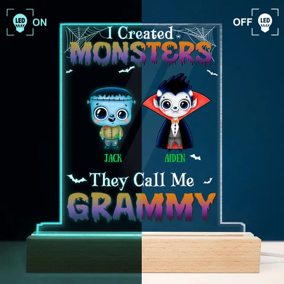 I Created Monsters - Personalized Custom 3D LED Light Wooden Base - Halloween Gift For Grandma, Mom