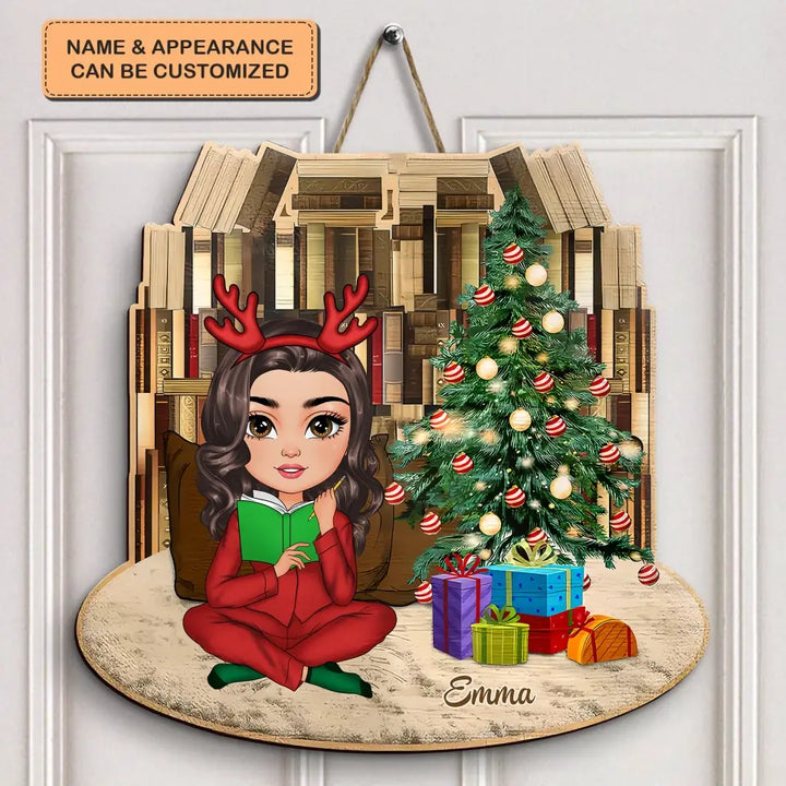 Reading Girl Christmas - Personalized Custom Door Sign - Gift For Reading Lover