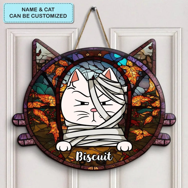 Welcome Foolish Mortals - Personalized Custom Door Sign - Halloween Gift For Cat Mom, Cat Dad, Cat Lover, Cat Parents