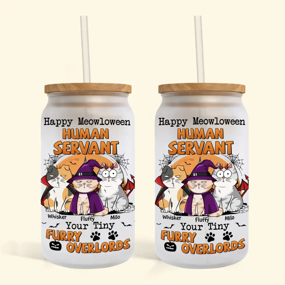 Happy Meowloween - Personalized Custom Glass Can - Halloween Gift For Cat Lover, Cat Mom, Cat Dad