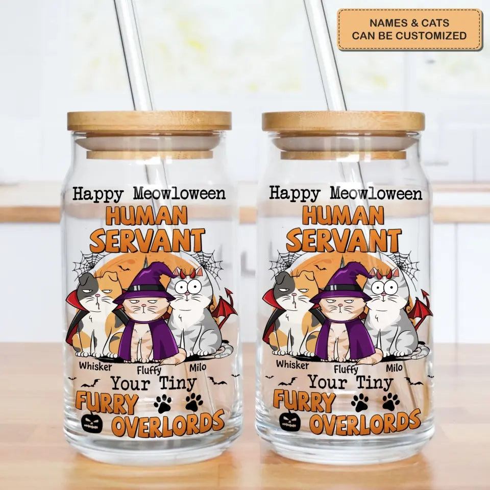 Happy Meowloween - Personalized Custom Glass Can - Halloween Gift For Cat Lover, Cat Mom, Cat Dad