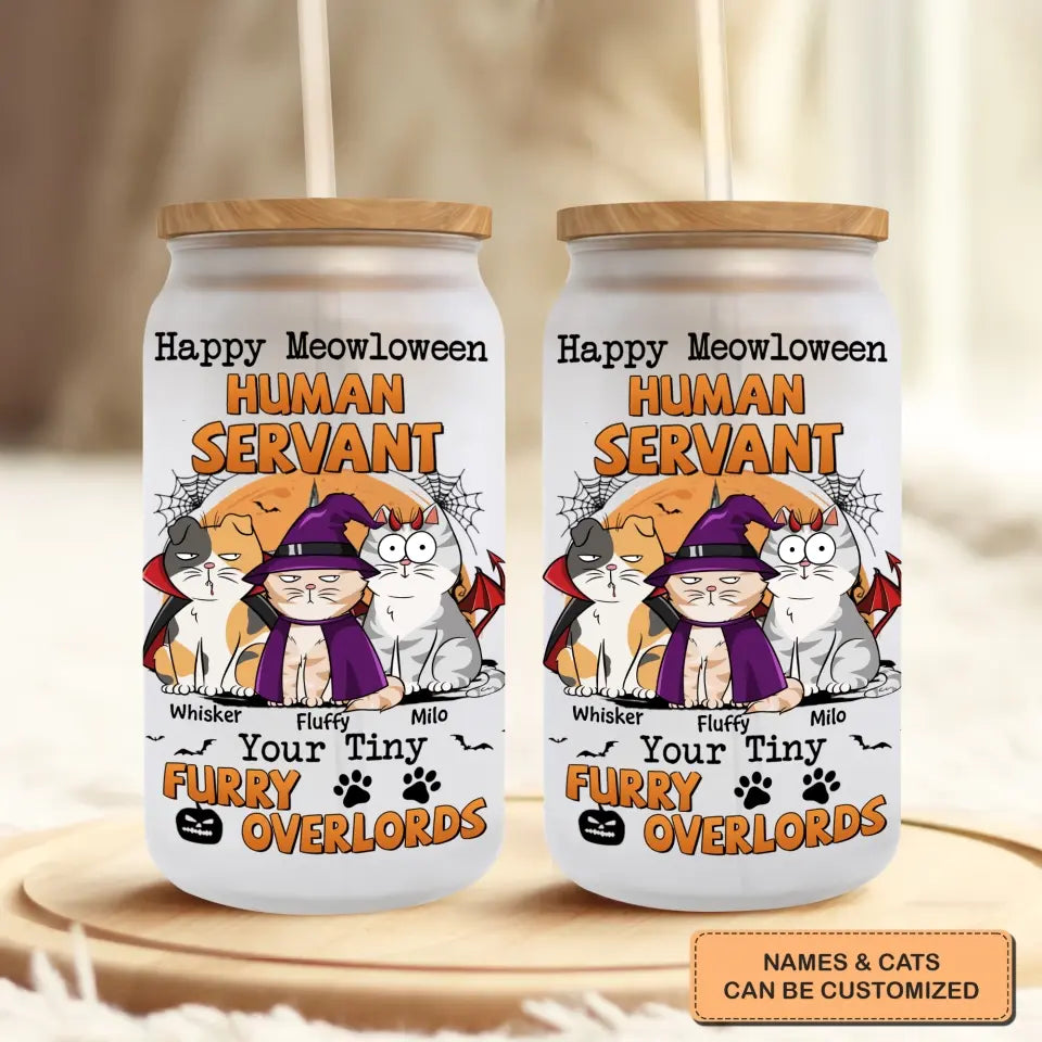 Happy Meowloween - Personalized Custom Glass Can - Halloween Gift For Cat Lover, Cat Mom, Cat Dad