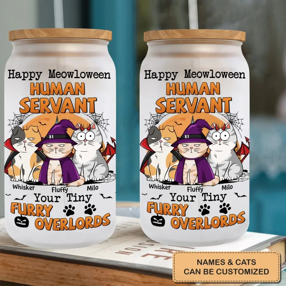 Happy Meowloween - Personalized Custom Glass Can - Halloween Gift For Cat Lover, Cat Mom, Cat Dad