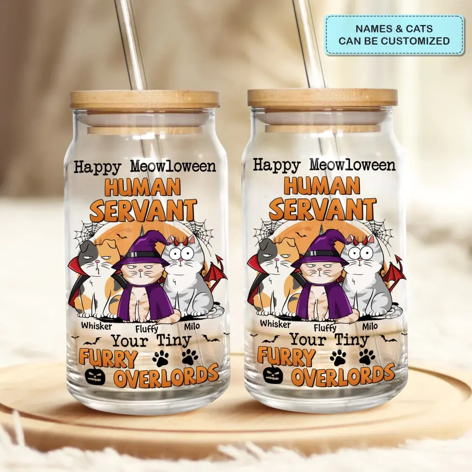 Happy Meowloween - Personalized Custom Glass Can - Halloween Gift For Cat Lover, Cat Mom, Cat Dad