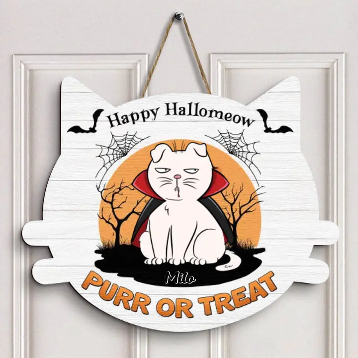 Happy Hallomeow - Personalized Custom Door Sign - Halloween Gift For Cat Mom, Cat Dad, Cat Lover, Cat Owner