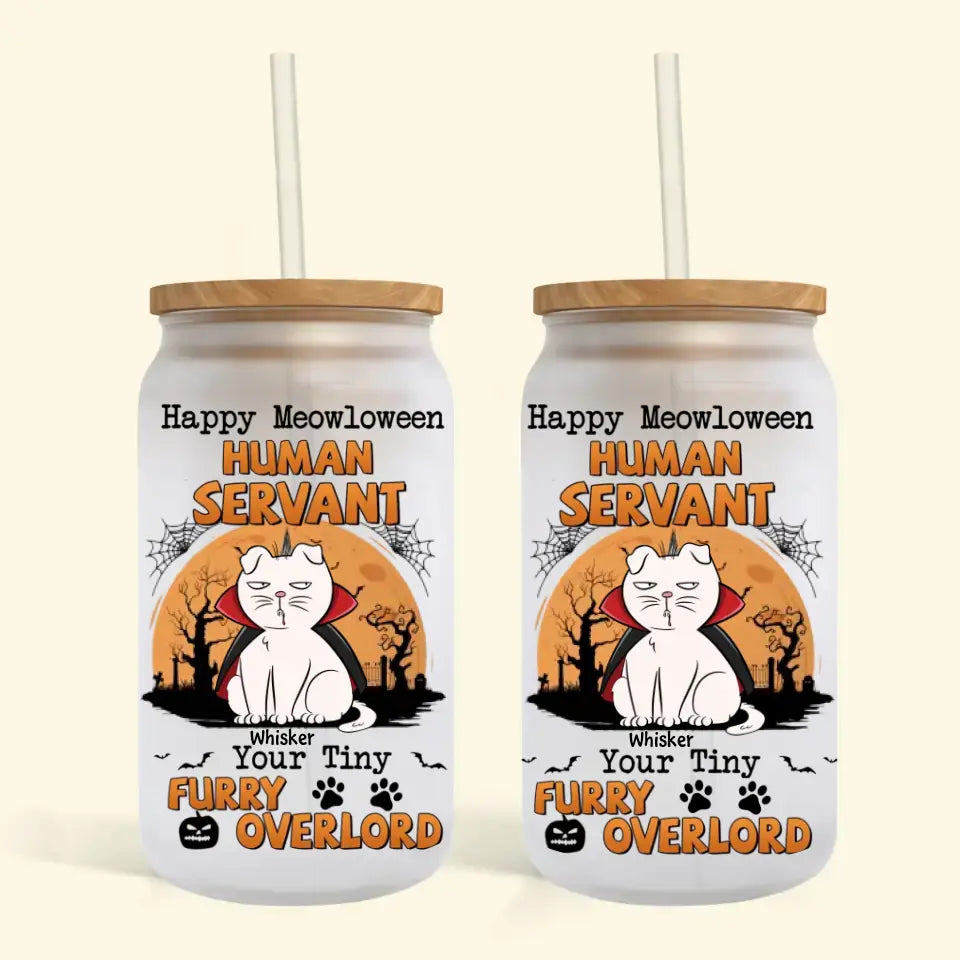 Happy Meowloween - Personalized Custom Glass Can - Halloween Gift For Cat Lover, Cat Mom, Cat Dad