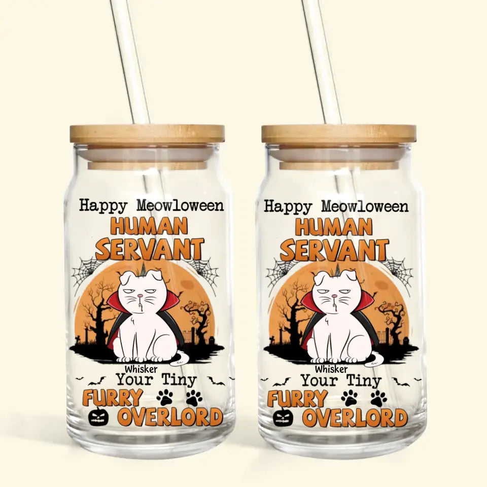 Happy Meowloween - Personalized Custom Glass Can - Halloween Gift For Cat Lover, Cat Mom, Cat Dad