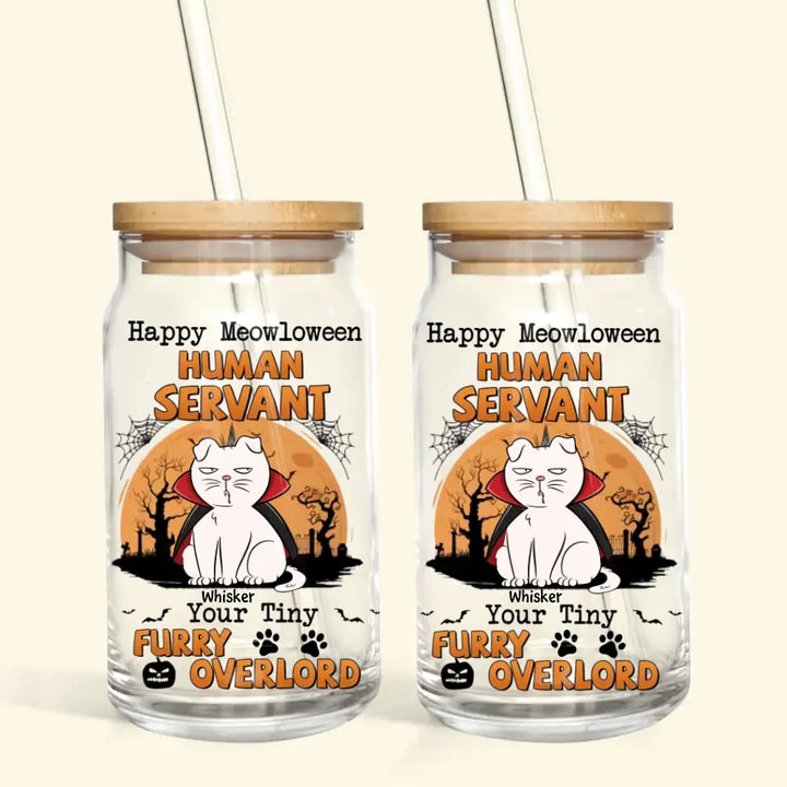 Happy Meowloween - Personalized Custom Glass Can - Halloween Gift For Cat Lover, Cat Mom, Cat Dad