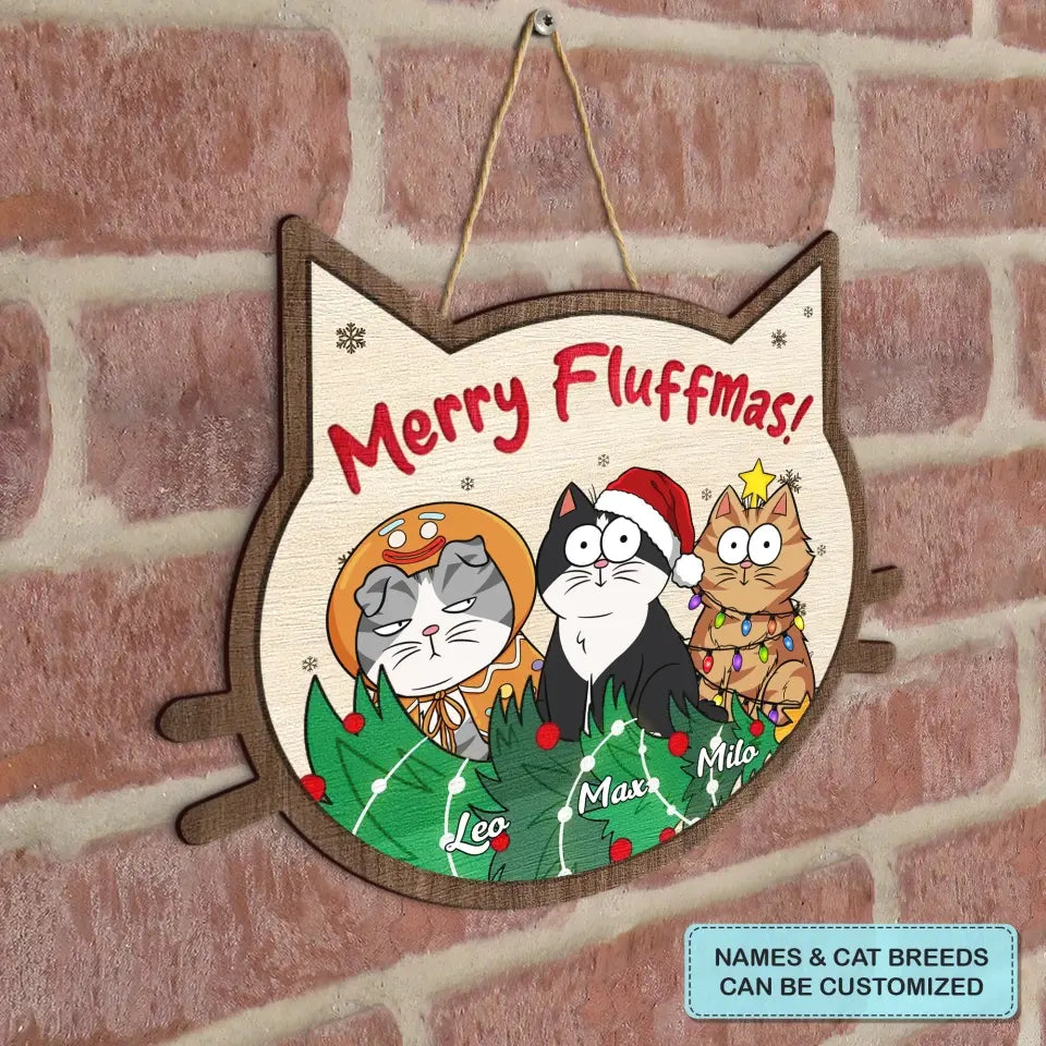 Merry Fluffmas - Personalized Custom Door Sign - Christmas Cat Funny - Gift For Cat Mom, Cat Dad, Cat Lover, Cat Owner