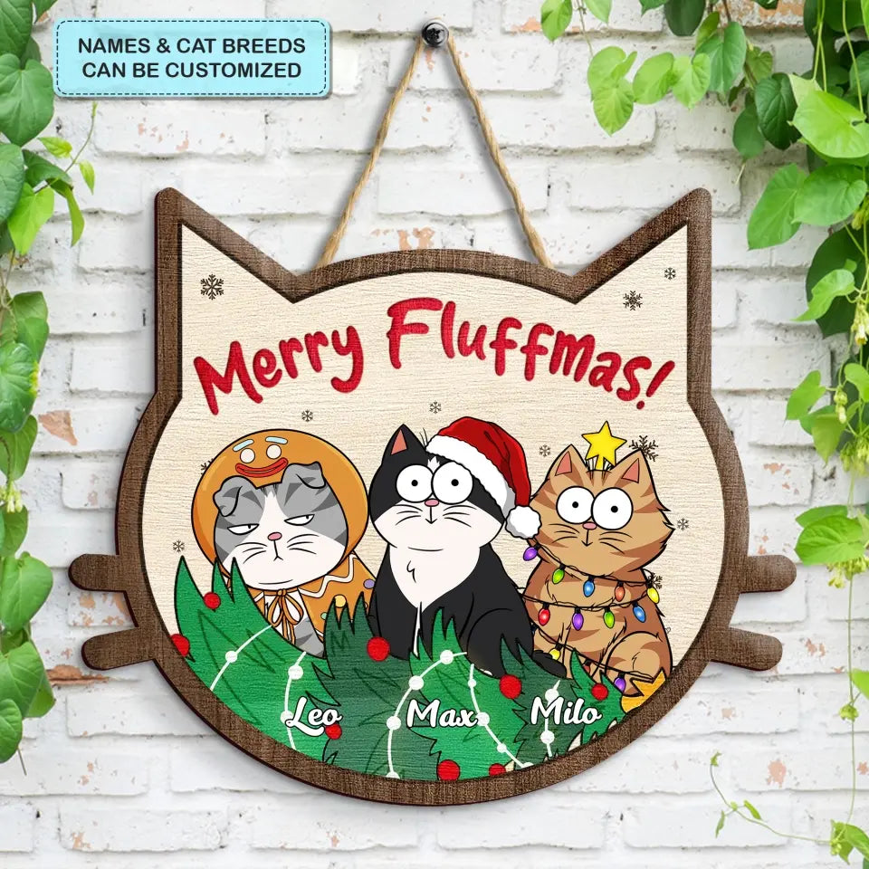 Merry Fluffmas - Personalized Custom Door Sign - Christmas Cat Funny - Gift For Cat Mom, Cat Dad, Cat Lover, Cat Owner